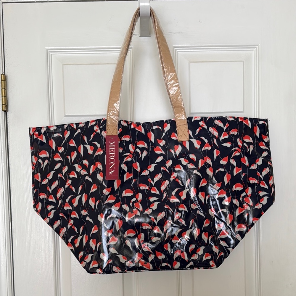 Orange and Navy Floral Canvas Tote Bag with Leather Handles